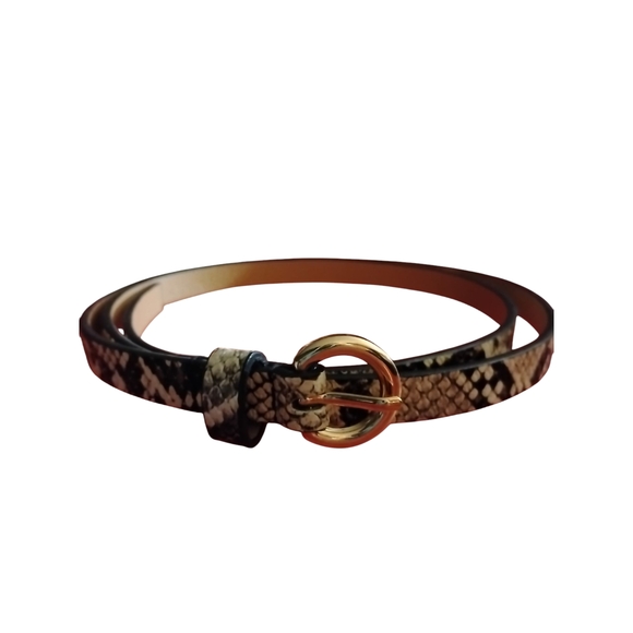 Snake Print Leather Belt with Gold Buckle - Picture 4 of 6